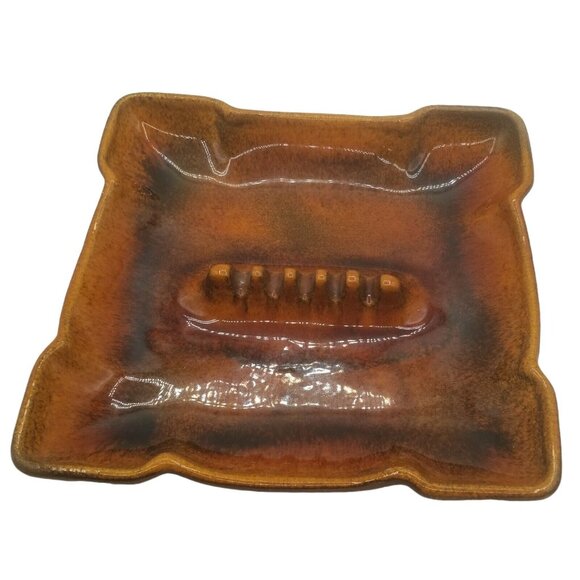 Vintage large ceramic ashtray footed brown gold midcentury USA cigar cigarette - Picture 4 of 9